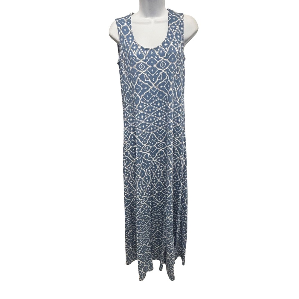Canyon Retreat Blue White Geometric Diamond Slub Knit Maxi Dress Pockets XS